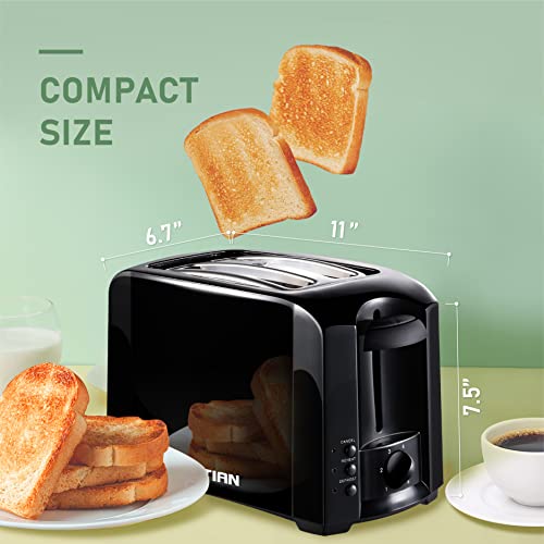 KETIAN Toaster 2 Slice Small Compact Electric Bread Black Tosterster，6 Toast Settings, Cancel, Reheat, Defrost Functions, Removable Crumb Tray, 800W(Black）