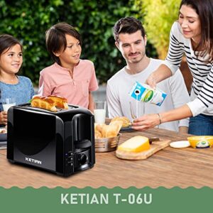 KETIAN Toaster 2 Slice Small Compact Electric Bread Black Tosterster，6 Toast Settings, Cancel, Reheat, Defrost Functions, Removable Crumb Tray, 800W(Black）