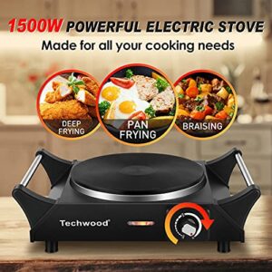 Hot Plate, Techwood Electric Stove for Cooking, 1500W Countertop Single Burner with Adjustable Temperature & Stay Cool Handles, 7.5” Cooktop for RV/Home/Camp, Compatible for All Cookwares Upgraded Version