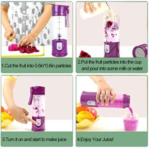 Portable Blender, USB Travel Juice Cup Personal Travel Blender Baby Food Mixing Machince with Updated 6 Blades with Powerful Motor 4000mAh Rechargeable Battery,13Oz Bottle(purple)