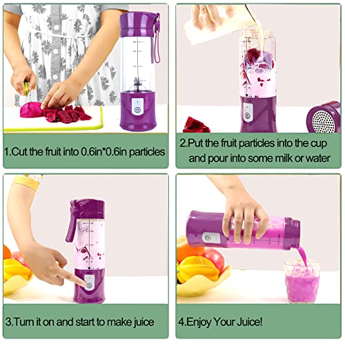 Portable Blender, USB Travel Juice Cup Personal Travel Blender Baby Food Mixing Machince with Updated 6 Blades with Powerful Motor 4000mAh Rechargeable Battery,13Oz Bottle(purple)