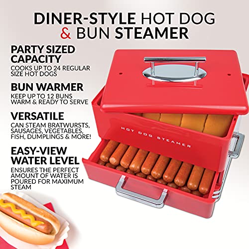 Nostalgia Extra Large Diner-Style Steamer 20 Hot Dogs and 6 Bun Capacity, Perfect for Breakfast Sausages, Brats, Vegetables, Fish