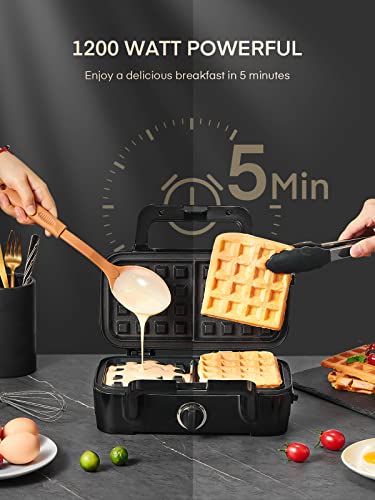 FOHERE Waffle Maker 3 in 1 Sandwich Maker 1200W Panini Press With Removable Plates and 5-gear Temperature Control, Non-stick Coating Easy to Clean,Indicator Lights, Silver/Black