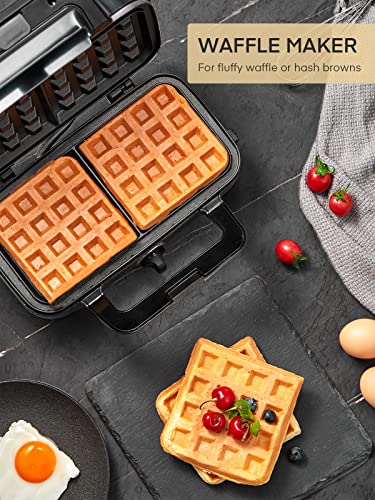 FOHERE Waffle Maker 3 in 1 Sandwich Maker 1200W Panini Press With Removable Plates and 5-gear Temperature Control, Non-stick Coating Easy to Clean,Indicator Lights, Silver/Black