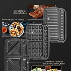 FOHERE Waffle Maker 3 in 1 Sandwich Maker 1200W Panini Press With Removable Plates and 5-gear Temperature Control, Non-stick Coating Easy to Clean,Indicator Lights, Silver/Black