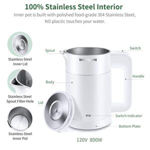 0.6L Small Electric Kettles Stainless Steel, Travel Mini Hot Water Boiler Heater, Double Wall Cool Touch Portable Teapot , Auto Shut-Off & Boil-Dry Protection, 120V/800W, 2 Year Warranty (white)