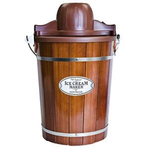 nostalgia electric bucket ice cream maker with easy-carry handle, makes 6-quarts in minutes, frozen yogurt, gelato, made from real wood