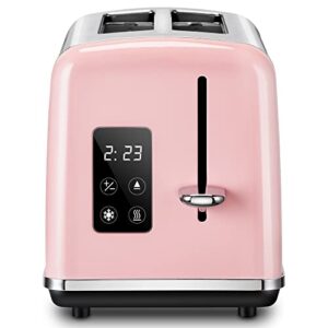 pink toaster, redmond toaster 2 slice with led touch screen and digital countdown timer, stainless steel toaster with extra wide slot and cancel defrost reheat function, 6 shade settings