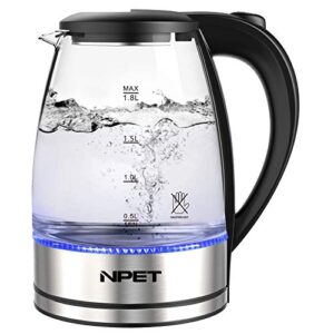 npet ek20 1000w electric kettle glass tea kettle with bpa-free, 1.8l cordless portable water glass boiler with led light, auto-shutoff and boil-dry protection teapot, stainless steel kettle