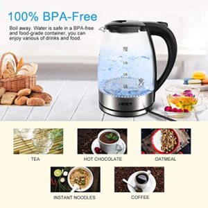 NPET EK20 1000W Electric Kettle Glass Tea Kettle With BPA-Free, 1.8L Cordless Portable Water Glass Boiler With LED Light, Auto-Shutoff And Boil-Dry Protection Teapot, Stainless Steel Kettle