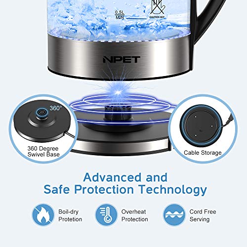 NPET EK20 1000W Electric Kettle Glass Tea Kettle With BPA-Free, 1.8L Cordless Portable Water Glass Boiler With LED Light, Auto-Shutoff And Boil-Dry Protection Teapot, Stainless Steel Kettle