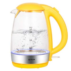 isiler 1500w electric kettle, 1.7 l electric tea kettle with led indicator, cordless electric glass hot water boiler, portable teapot heater auto shut-off & boil-dry protection bpa-free yellow