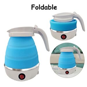 Foldable Portable Electric Kettle with Food Grade Silicone, 9 Mins Fast Water Boiling Tea Pot Coffee Pot for Camping or Travel, Collapsible Kettle with Separable Power Cord 110V US Plug 600ML Blue