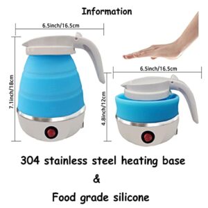 Foldable Portable Electric Kettle with Food Grade Silicone, 9 Mins Fast Water Boiling Tea Pot Coffee Pot for Camping or Travel, Collapsible Kettle with Separable Power Cord 110V US Plug 600ML Blue