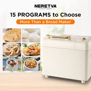Neretva Bread Maker Machine, 15-in-1 2LB Automatic Breadmaker with Gluten Free Sourdough Setting, Auto Nut Dispenser, Digital, 1 Hour Keep Warm, 2 Loaf Sizes, 3 Crust Colors - Receipe Booked Included