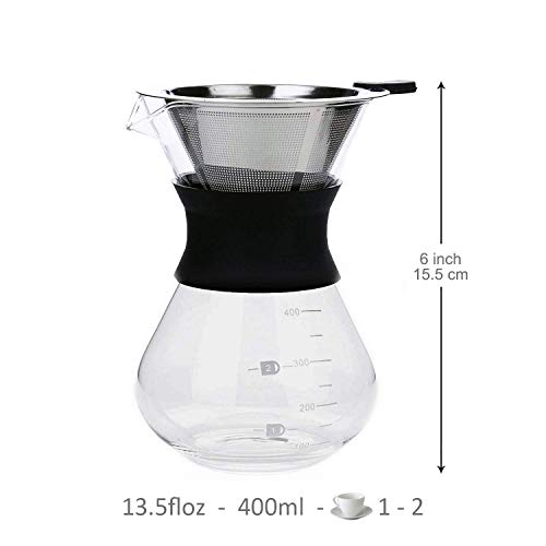 Glass Pour Over Coffee Maker Set with Reusable Stainless Steel Drip Filter Elegant Coffee Dripper Pot Glass Carafe & Permanent Stainless Steel Filter