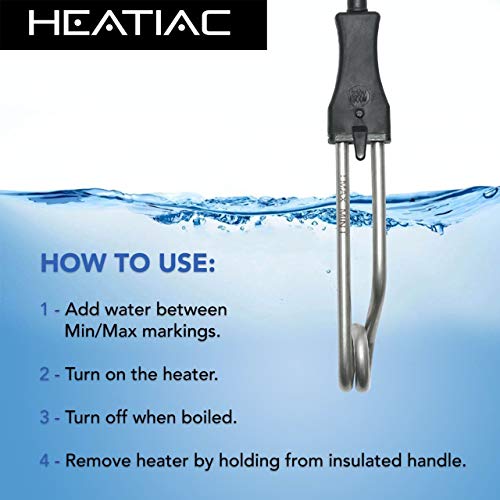 HEATIAC 6.5’’ Travel Immersion Water Heater with On/Off Switch, 300W, 110V. Portable Stainless-Steel Electric Boiler for Heating Water in Cup to Make Coffee, Tea, Beverages