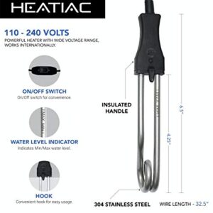 HEATIAC 6.5’’ Travel Immersion Water Heater with On/Off Switch, 300W, 110V. Portable Stainless-Steel Electric Boiler for Heating Water in Cup to Make Coffee, Tea, Beverages