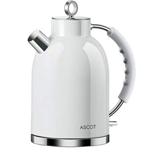 electric kettle, ascot stainless steel electric tea kettle, 1.7qt, 1500w, bpa-free, cordless, automatic shut-off, fast boiling water heater – white