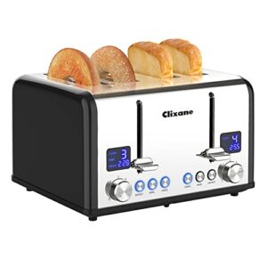 toaster 4 slice,1.5″extra wide slot stainless toaster with bagel defrost cancel function, dual screen, removal crumb tray (black)