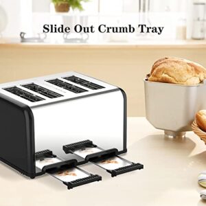 Toaster 4 Slice,1.5"Extra Wide Slot Stainless Toaster with Bagel Defrost Cancel Function, Dual Screen, Removal Crumb Tray (Black)