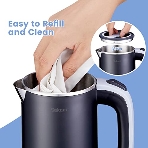 Sekaer Small Electric Tea Kettle Stainless Steel 0.8L Portable Travel Hot Water Boiler, Mini Electric Coffee Kettle with Auto Shut-Off & Boil Dry Protection, Cordless Base & LED Indicator