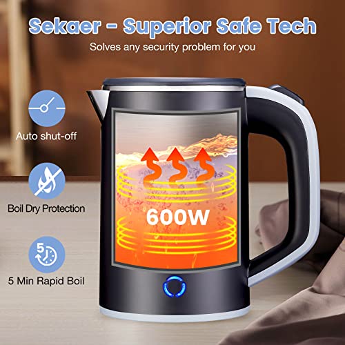 Sekaer Small Electric Tea Kettle Stainless Steel 0.8L Portable Travel Hot Water Boiler, Mini Electric Coffee Kettle with Auto Shut-Off & Boil Dry Protection, Cordless Base & LED Indicator