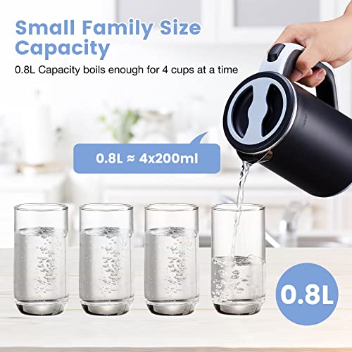 Sekaer Small Electric Tea Kettle Stainless Steel 0.8L Portable Travel Hot Water Boiler, Mini Electric Coffee Kettle with Auto Shut-Off & Boil Dry Protection, Cordless Base & LED Indicator