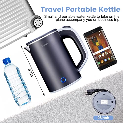 Sekaer Small Electric Tea Kettle Stainless Steel 0.8L Portable Travel Hot Water Boiler, Mini Electric Coffee Kettle with Auto Shut-Off & Boil Dry Protection, Cordless Base & LED Indicator