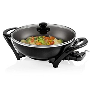 ovente electric skillet with nonstick coating and glass lid, 13 inch portable kitchen countertop cooking wok, adjustable temperature control, cool touch handle, easy to use and clean, black sk3113b