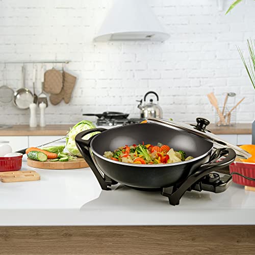 Ovente Electric Skillet with Nonstick Coating and Glass Lid, 13 Inch Portable Kitchen Countertop Cooking Wok, Adjustable Temperature Control, Cool Touch Handle, Easy to Use and Clean, Black SK3113B