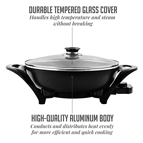 Ovente Electric Skillet with Nonstick Coating and Glass Lid, 13 Inch Portable Kitchen Countertop Cooking Wok, Adjustable Temperature Control, Cool Touch Handle, Easy to Use and Clean, Black SK3113B