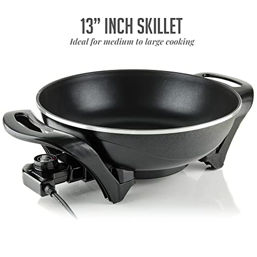 Ovente Electric Skillet with Nonstick Coating and Glass Lid, 13 Inch Portable Kitchen Countertop Cooking Wok, Adjustable Temperature Control, Cool Touch Handle, Easy to Use and Clean, Black SK3113B