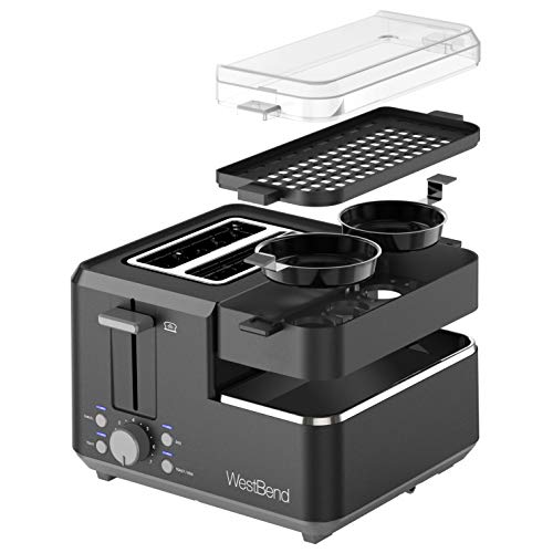 West Bend 78500 2 Slice Breakfast Station Wide Slot Toaster with Removable Crumb Tray includes Meat and Vegetable Warming Tray with Egg Cooker and Poacher, 2-Slice, Black