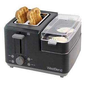 west bend 78500 2 slice breakfast station wide slot toaster with removable crumb tray includes meat and vegetable warming tray with egg cooker and poacher, 2-slice, black