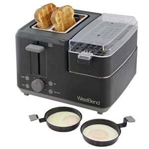 West Bend 78500 2 Slice Breakfast Station Wide Slot Toaster with Removable Crumb Tray includes Meat and Vegetable Warming Tray with Egg Cooker and Poacher, 2-Slice, Black