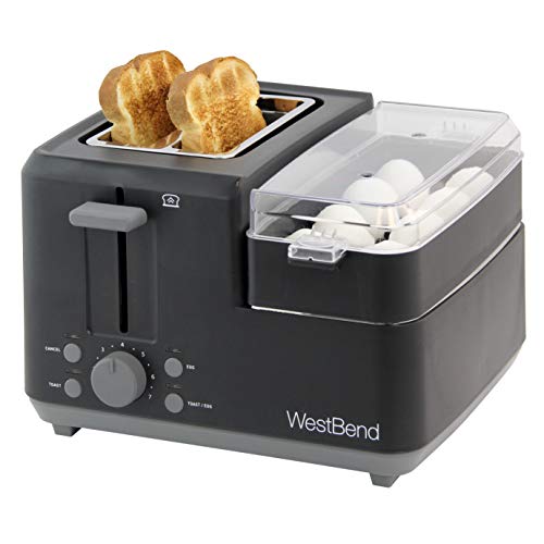 West Bend 78500 2 Slice Breakfast Station Wide Slot Toaster with Removable Crumb Tray includes Meat and Vegetable Warming Tray with Egg Cooker and Poacher, 2-Slice, Black