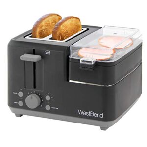 West Bend 78500 2 Slice Breakfast Station Wide Slot Toaster with Removable Crumb Tray includes Meat and Vegetable Warming Tray with Egg Cooker and Poacher, 2-Slice, Black