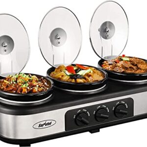 Sunvivi Slow Cooker, Triple Slow Cooker Buffet Server 3 Pot Food Warmer, 3-Section 1.5-Quart Oval Slow Cooker Buffet Food Warmer Adjustable Temp Lid Rests Stainless Steel, Total 4.5 QT