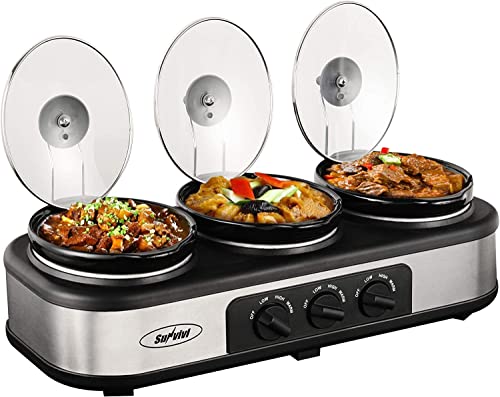 Sunvivi Slow Cooker, Triple Slow Cooker Buffet Server 3 Pot Food Warmer, 3-Section 1.5-Quart Oval Slow Cooker Buffet Food Warmer Adjustable Temp Lid Rests Stainless Steel, Total 4.5 QT