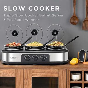 Sunvivi Slow Cooker, Triple Slow Cooker Buffet Server 3 Pot Food Warmer, 3-Section 1.5-Quart Oval Slow Cooker Buffet Food Warmer Adjustable Temp Lid Rests Stainless Steel, Total 4.5 QT