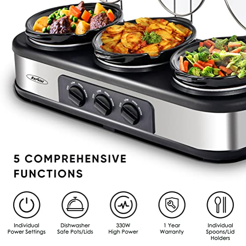 Sunvivi Slow Cooker, Triple Slow Cooker Buffet Server 3 Pot Food Warmer, 3-Section 1.5-Quart Oval Slow Cooker Buffet Food Warmer Adjustable Temp Lid Rests Stainless Steel, Total 4.5 QT