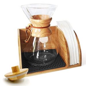 HEXNUB – Caddy and Lid for Chemex Coffee Makers, Bamboo Stand fits Collar Handle Chemex, Bodum, Coffee Gator Carafes, Heatproof Silicone Mat, Filter Holder Ideal for Pour Over Coffee Brewing - Black