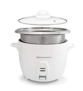 elite gourmet erc-2010 electric rice cooker with stainless steel inner pot makes soups, stews, grains, cereals, keep warm feature, 10 cups cooked, white