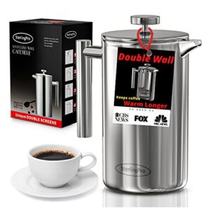 sterlingpro french press coffee maker(1.75l)-double walled large coffee press with 2 free filters-enjoy granule-free coffee guaranteed, stylish rust free kitchen accessory-stainless steel french press