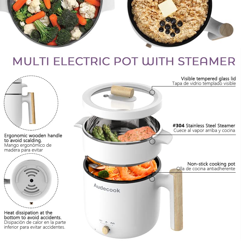 Audecook Electric Hot Pot with Steamer, 1.8L Portable Mini Travel Cooker, Multifunctional Non-Stick Electric Skillet for Stir Fry/Stew/Steam, Perfect for Ramen Noodles/Pasta/Egg/Soup/Oatmeal