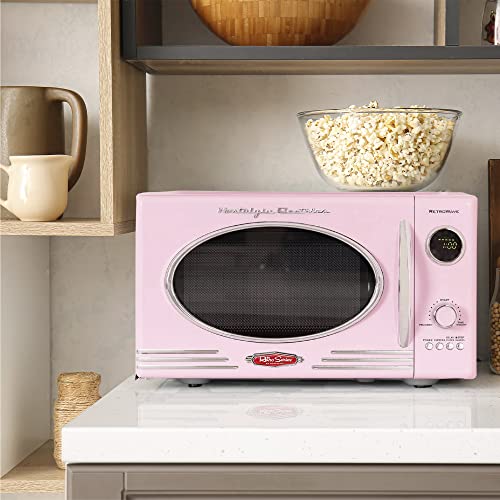 Nostalgia Retro Countertop Microwave Oven - Large 800-Watt - 0.9 cu ft - 12 Pre-Programmed Cooking Settings - Digital Clock - Kitchen Appliances - Pink