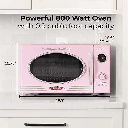 Nostalgia Retro Countertop Microwave Oven - Large 800-Watt - 0.9 cu ft - 12 Pre-Programmed Cooking Settings - Digital Clock - Kitchen Appliances - Pink