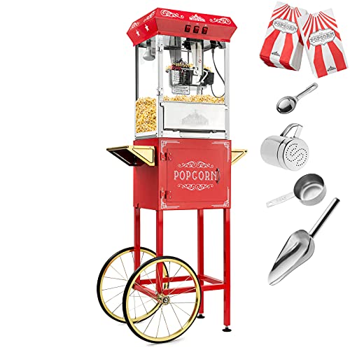 Olde Midway Vintage Style Popcorn Machine Maker Popper with Cart and 8-Ounce Kettle - Red