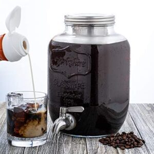 1 Gallon Cold Brew Coffee Maker | Easy Pour Stainless Steel Spigot Tap, Removable Fine Mesh Filter | Extra Thick Glass Cold Brew Pitcher Brewing System Iced Coffee Maker | Refrigerator Safe